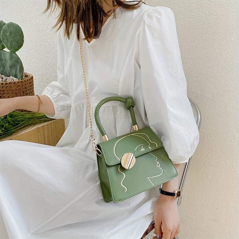 Embroidery Crossbody Bag Chain Shoulder Bag Metal Decor Handbag Purse