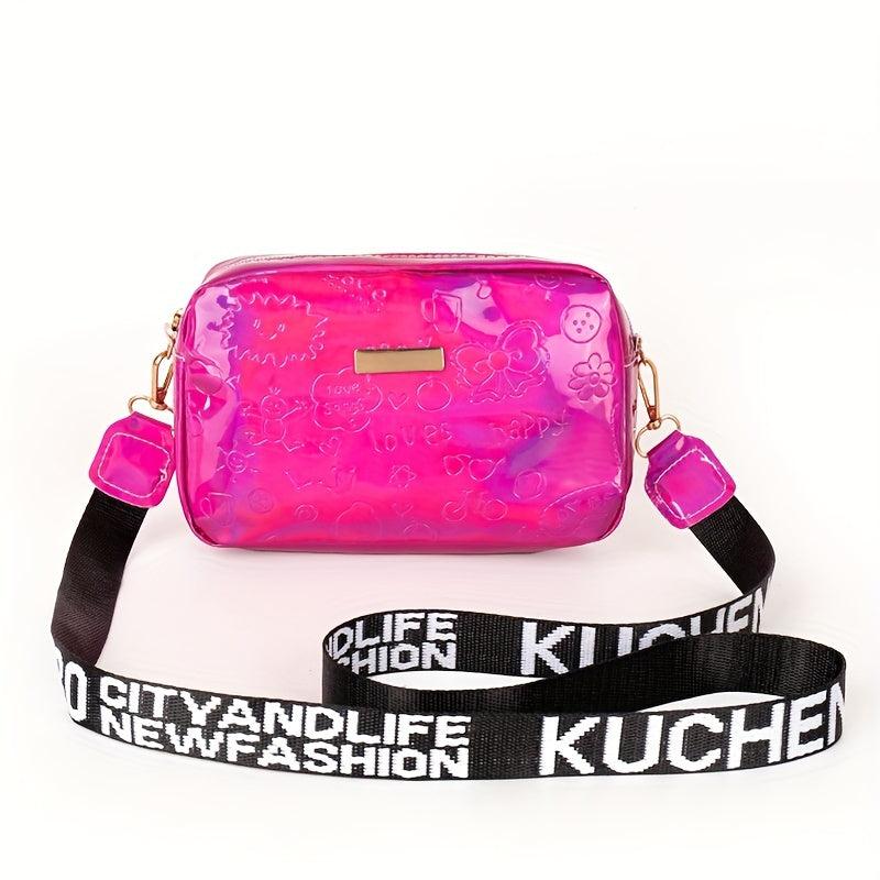 Wide Strap Laser Cube Crossbody Bag PU Leather Textured Bag Purse