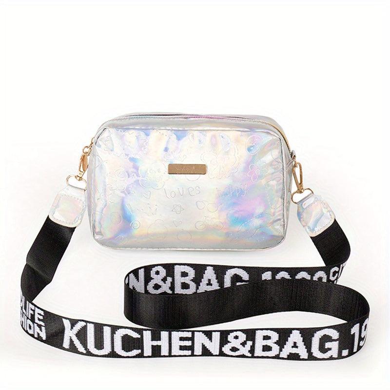 Wide Strap Laser Cube Crossbody Bag PU Leather Textured Bag Purse
