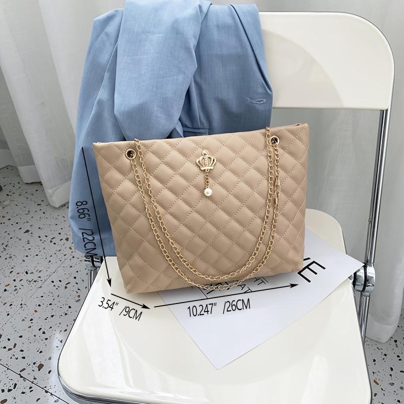 Argyle Quilted Chain Shoulder Bag Metal Crown Decor Crossbody Purse