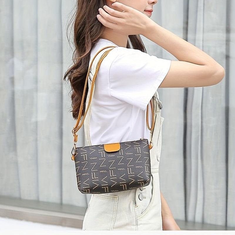 Letter Graphic Crossbody Bag Small PU Leather Square Purse Zipper Phone Bag