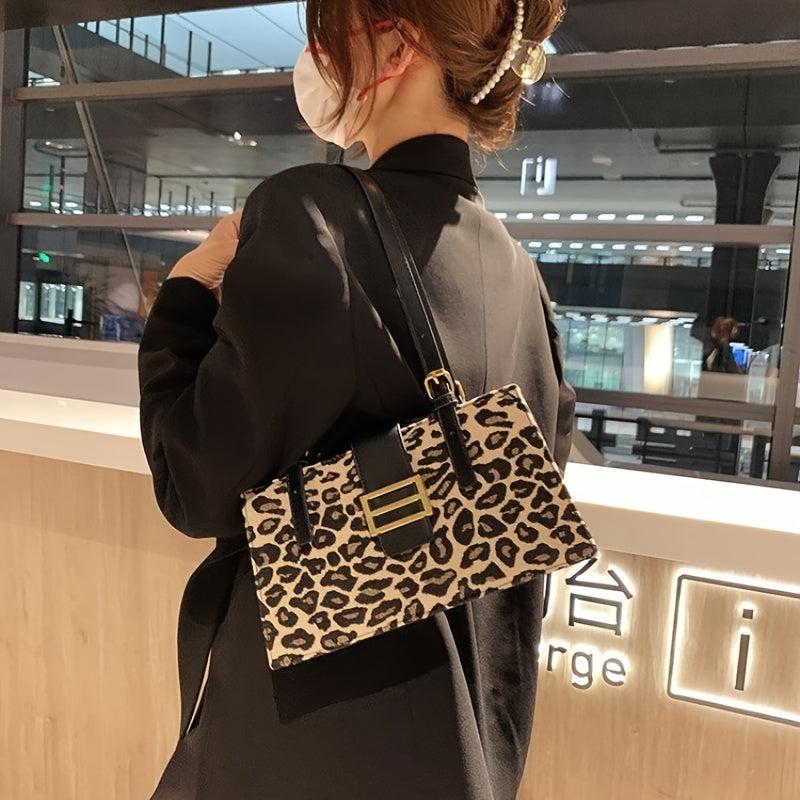 Leopard Print Shoulder Bag Y2K Buckle Decor Handbag Purse