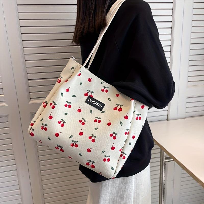Cherry Print Canvas Tote Bag Large Capacity Hobo Bag Women's