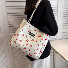 Cherry Print Canvas Tote Bag Large Capacity Hobo Bag Women's
