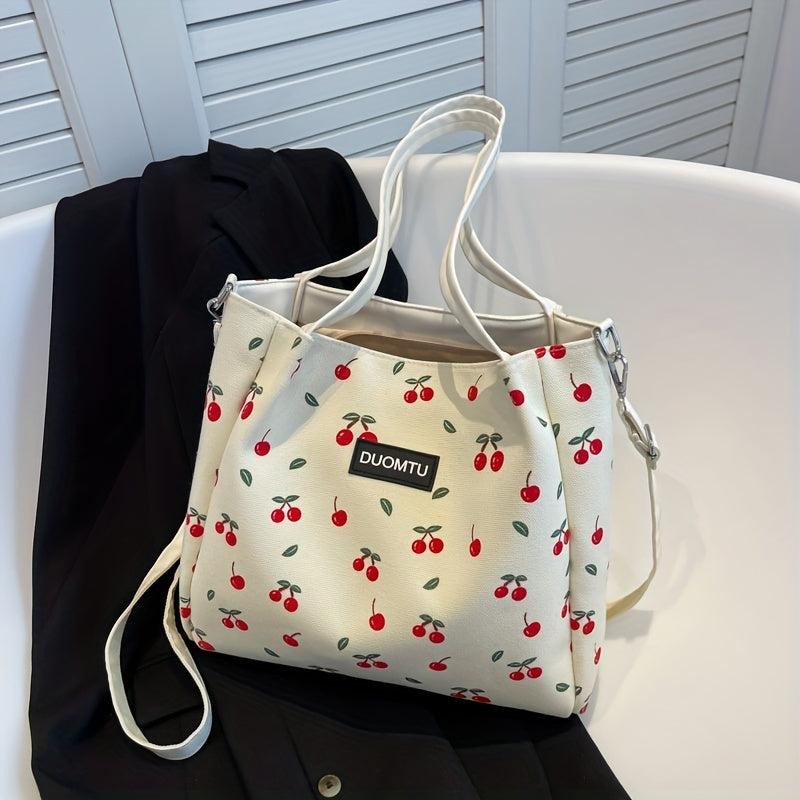 Cherry Print Canvas Tote Bag Large Capacity Hobo Bag Women's