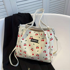 Cherry Print Canvas Tote Bag Large Capacity Hobo Bag Women's