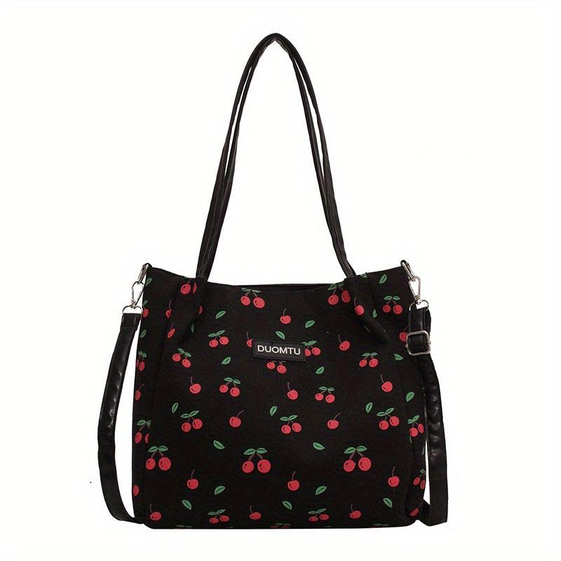 Cherry Print Canvas Tote Bag Large Capacity Hobo Bag Women's