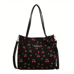 Cherry Print Canvas Tote Bag Large Capacity Hobo Bag Women's