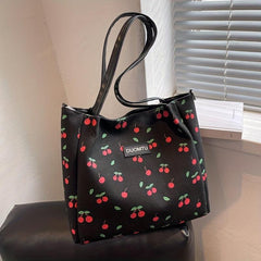 Cherry Print Canvas Tote Bag Large Capacity Hobo Bag Women's