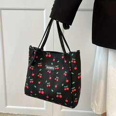 Cherry Print Canvas Tote Bag Large Capacity Hobo Bag Women's