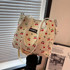 Cherry Print Canvas Tote Bag Large Capacity Hobo Bag Women's