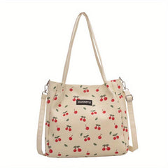 Cherry Print Canvas Tote Bag Large Capacity Hobo Bag Women's