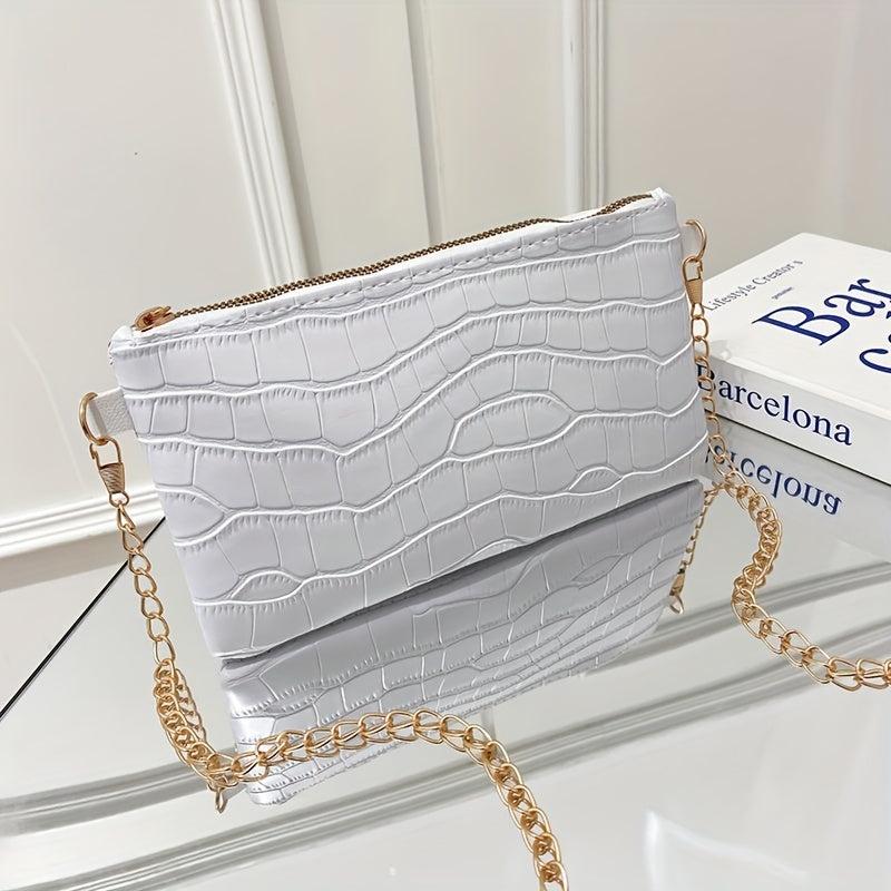 Crocodile Embossed Shoulder Chain Bag Zipper Solid Square