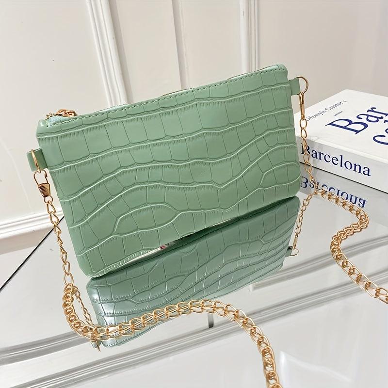 Crocodile Embossed Shoulder Chain Bag Zipper Solid Square