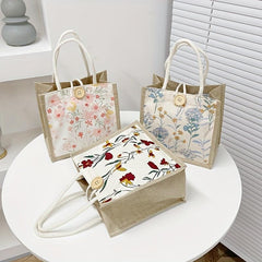 Floral Pattern Burlap Bag Lightweight Storage Satchel Bag