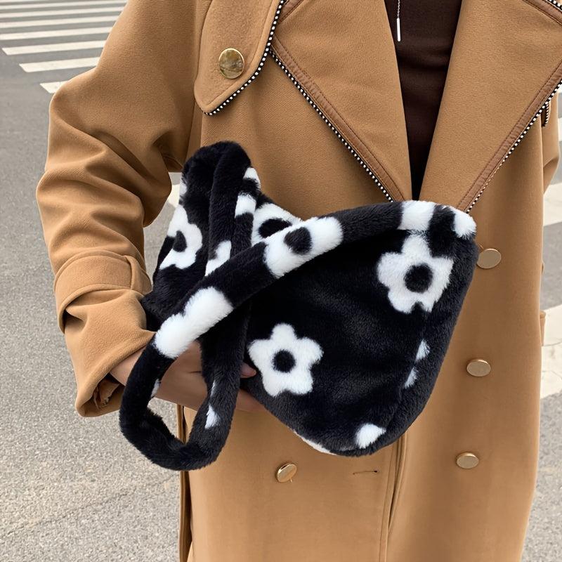 Flower Graphic Plush Shoulder Bag Large Capacity Casual Hand Bag