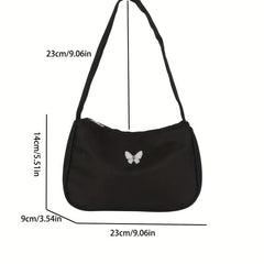 Butterfly Decor Nylon Shoulder Bag Underarm Purse with Zipper