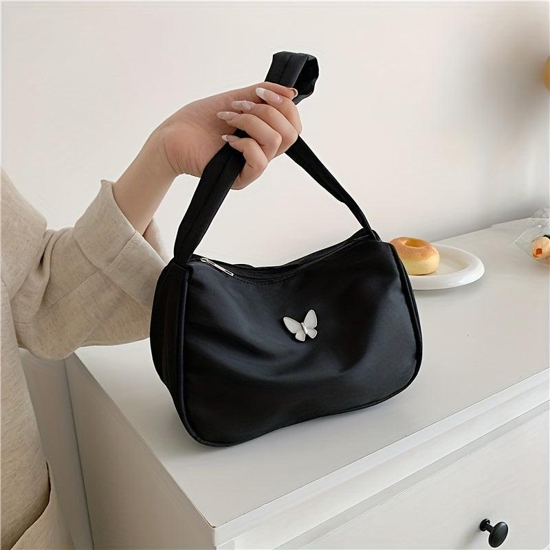 Butterfly Decor Nylon Shoulder Bag Underarm Purse with Zipper