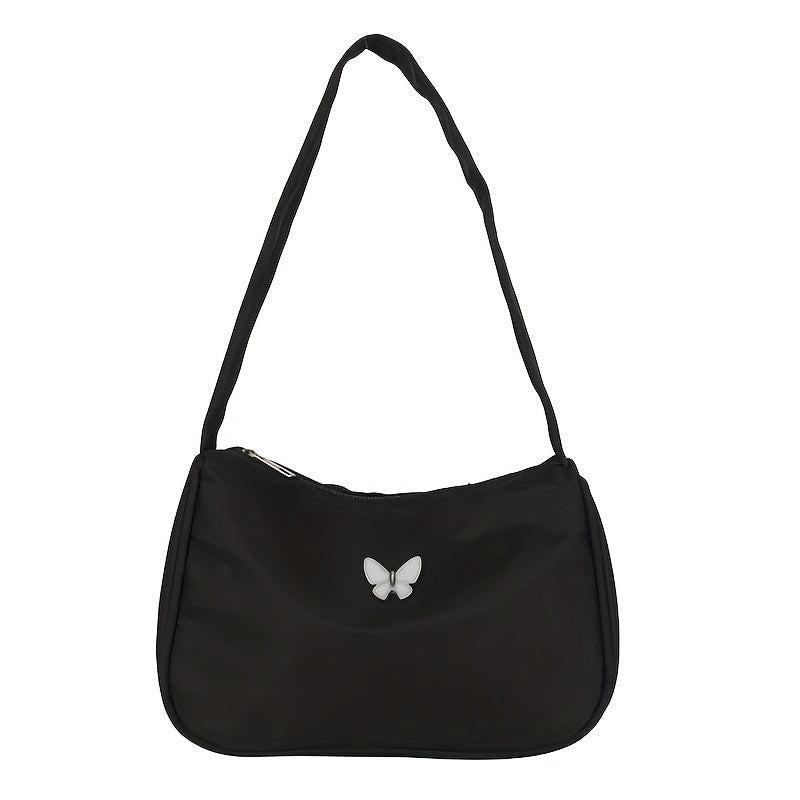Butterfly Decor Nylon Shoulder Bag Underarm Purse with Zipper