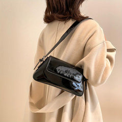 Metallic Shoulder Bag For Women Solid Baguette Bag Glossy Flap Underarm Purse