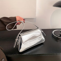Metallic Shoulder Bag For Women Solid Baguette Bag Glossy Flap Underarm Purse