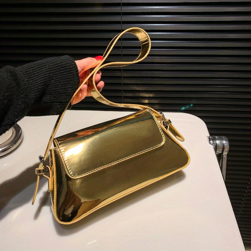 Metallic Shoulder Bag For Women Solid Baguette Bag Glossy Flap Underarm Purse