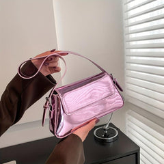 Metallic Shoulder Bag For Women Solid Baguette Bag Glossy Flap Underarm Purse