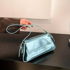 Metallic Shoulder Bag For Women Solid Baguette Bag Glossy Flap Underarm Purse