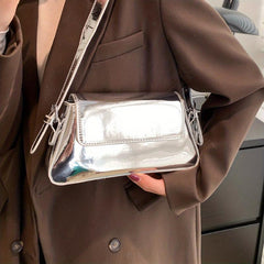 Metallic Shoulder Bag For Women Solid Baguette Bag Glossy Flap Underarm Purse