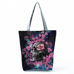 Skull & Flower Pattern Halloween Handbag Canvas Bag