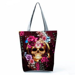 Skull & Flower Pattern Halloween Handbag Canvas Bag