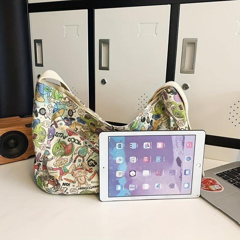 Cartoon Pattern Shoulder Bag Large Capacity Canvas Handbag Multicolored