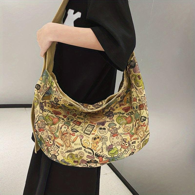 Cartoon Pattern Shoulder Bag Large Capacity Canvas Handbag Multicolored