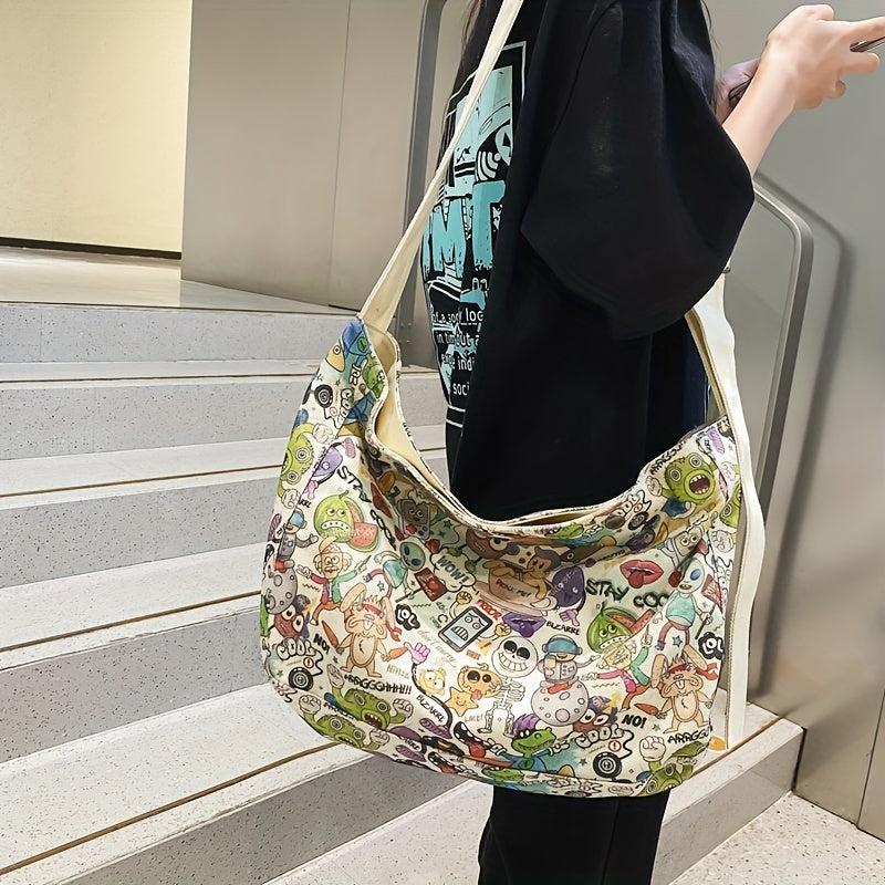 Cartoon Pattern Shoulder Bag Large Capacity Canvas Handbag Multicolored