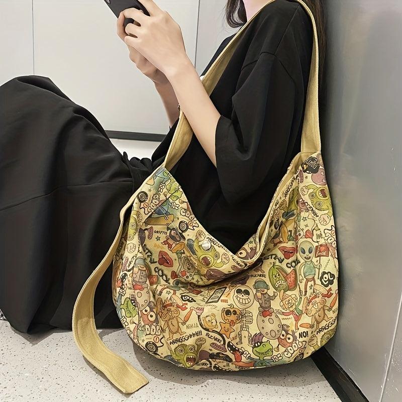 Cartoon Pattern Shoulder Bag Large Capacity Canvas Handbag Multicolored