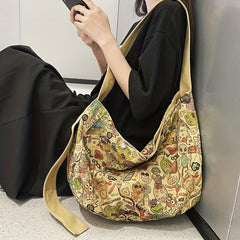 Cartoon Pattern Shoulder Bag Large Capacity Canvas Handbag Multicolored