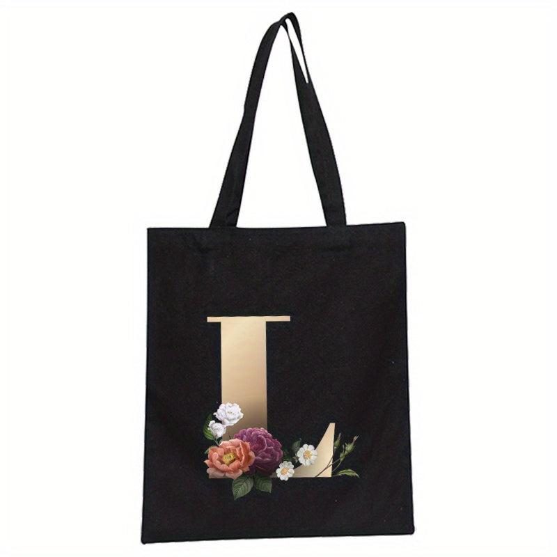 Alphabet Floral Print Canvas Tote Bag Large Shopping Bag