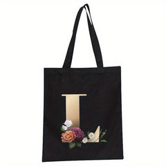 Alphabet Floral Print Canvas Tote Bag Large Shopping Bag