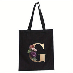 Alphabet Floral Print Canvas Tote Bag Large Shopping Bag