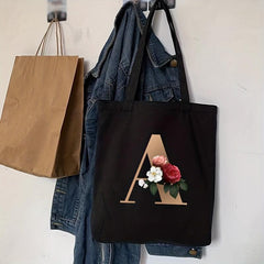 Alphabet Floral Print Canvas Tote Bag Large Shopping Bag