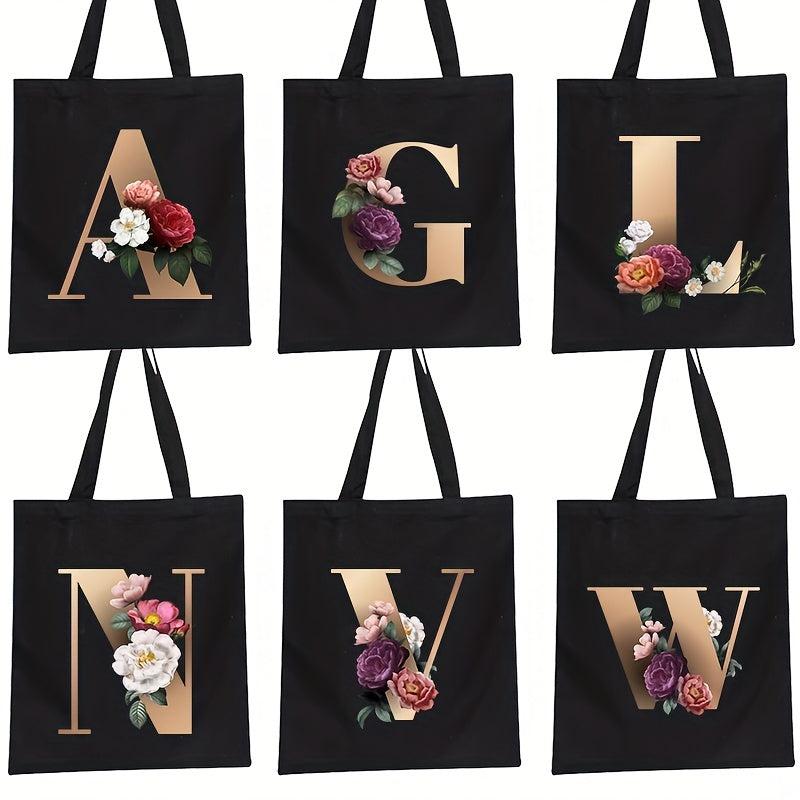 Alphabet Floral Print Canvas Tote Bag Large Shopping Bag