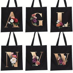 Alphabet Floral Print Canvas Tote Bag Large Shopping Bag