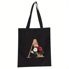 Alphabet Floral Print Canvas Tote Bag Large Shopping Bag