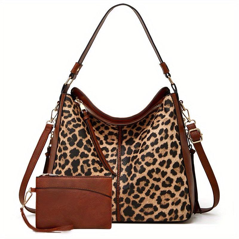 Vintage Cow Pattern Hobo Bag with Clutch Purse