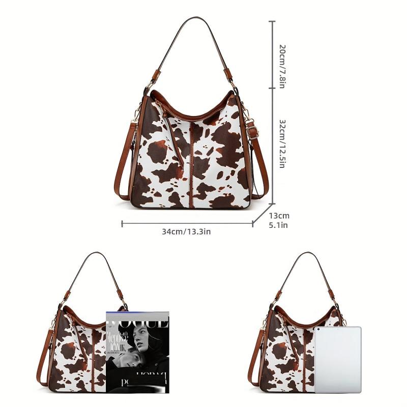 Vintage Cow Pattern Hobo Bag with Clutch Purse