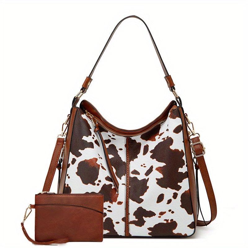 Vintage Cow Pattern Hobo Bag with Clutch Purse