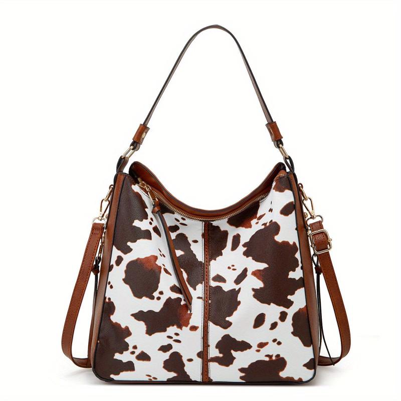 Vintage Cow Pattern Hobo Bag with Clutch Purse