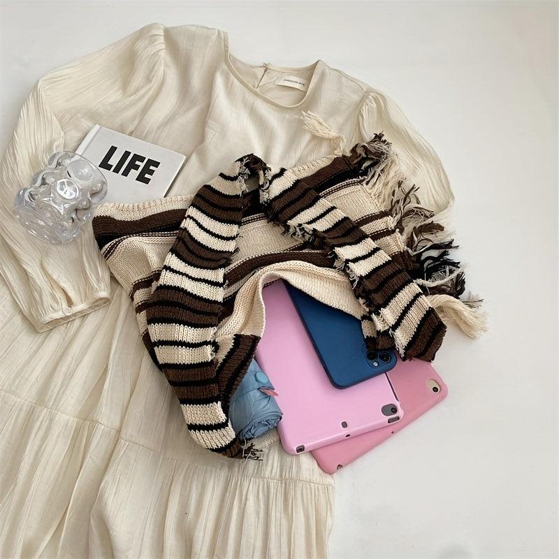 Stripes Shoulder Bag Literary Fringe Crochet Bag Large Knitted Crossbody Bag