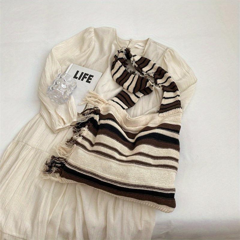 Stripes Shoulder Bag Literary Fringe Crochet Bag Large Knitted Crossbody Bag