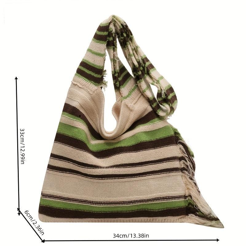 Stripes Shoulder Bag Literary Fringe Crochet Bag Large Knitted Crossbody Bag